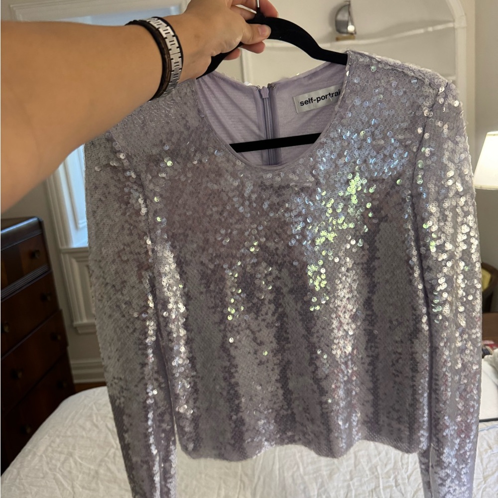 Self-Portrait Shimmering Silver Sequin Blouse